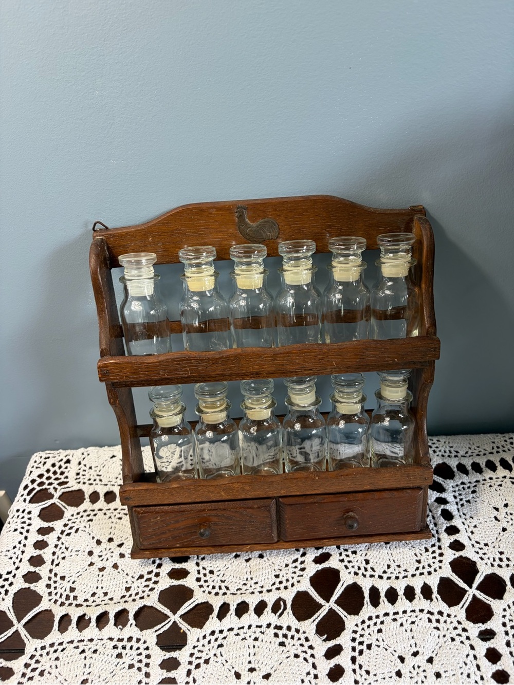 Vintage Old Wooden Spice Rack with Rooster Emblem includes 12 Glass Bottles